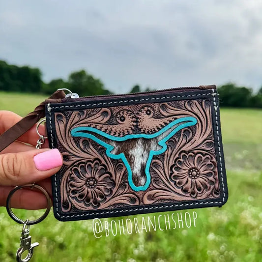 Longhorn Western Cowhide Leather Keychain Wallet