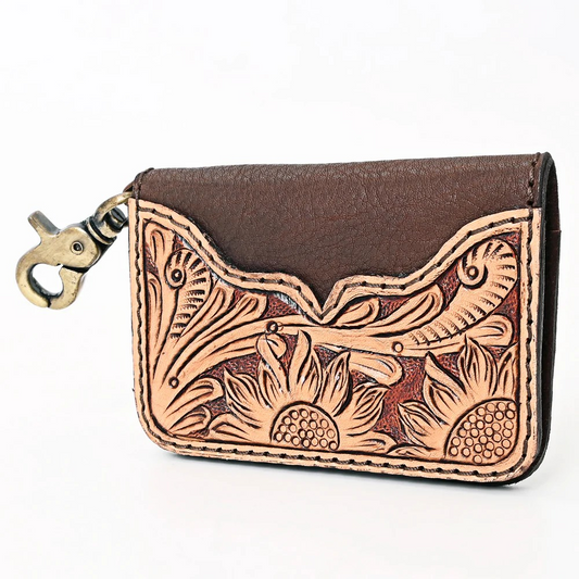 Hand Tooled Carved Genuine Leather Keyring Sunflowers