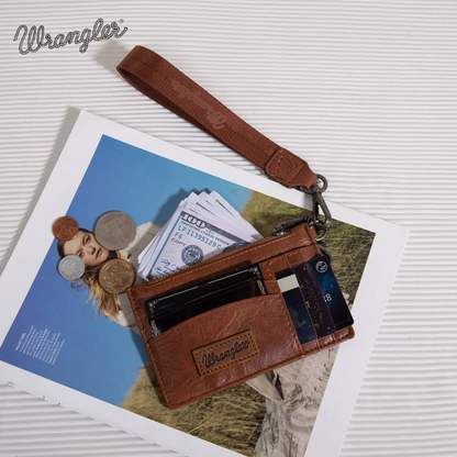 Wrangler Solid Color Key Chain Wristlet Card Wallet -Brown