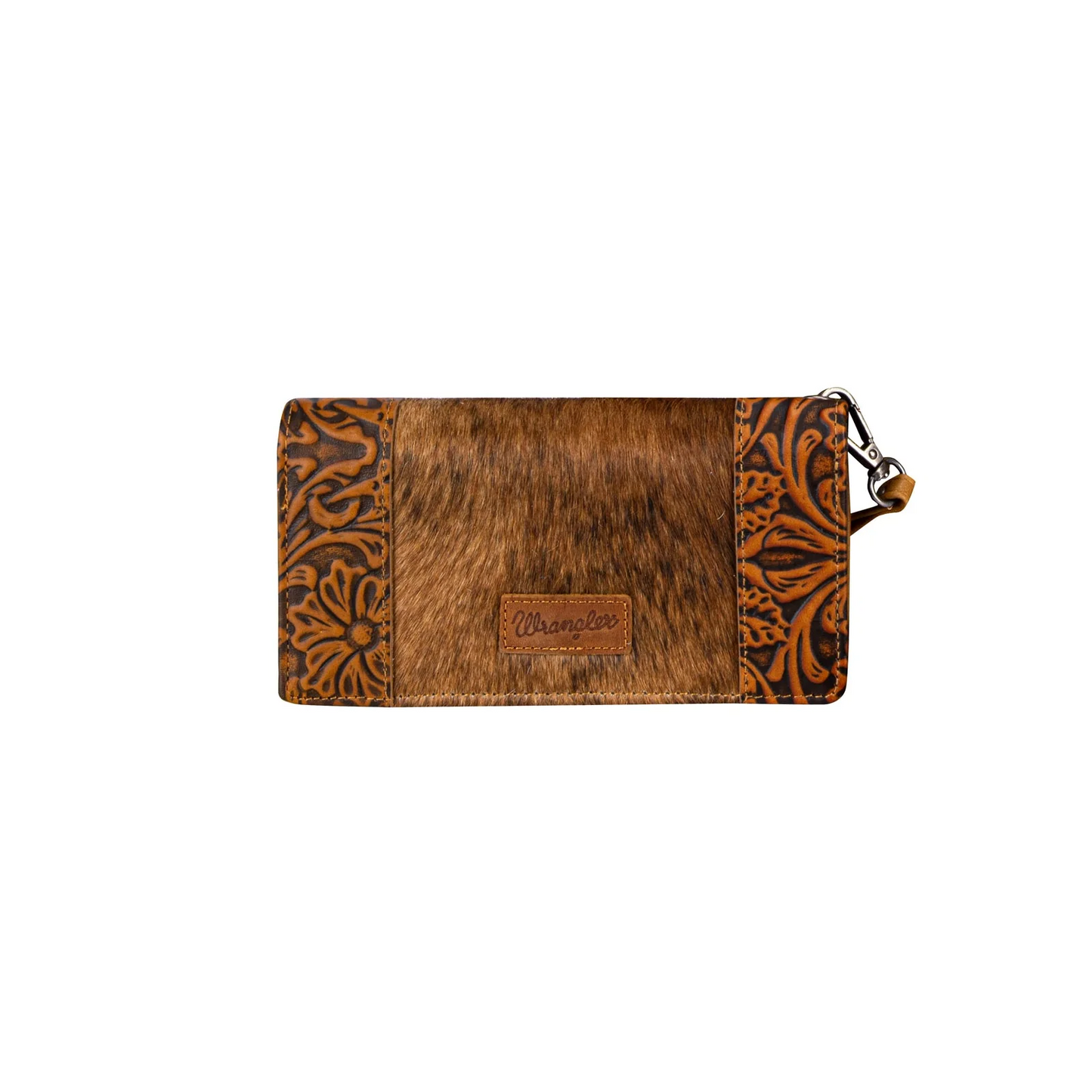 Wrangler Hair-On Cowhide Vintage Floral Tooled Wallet - coffee