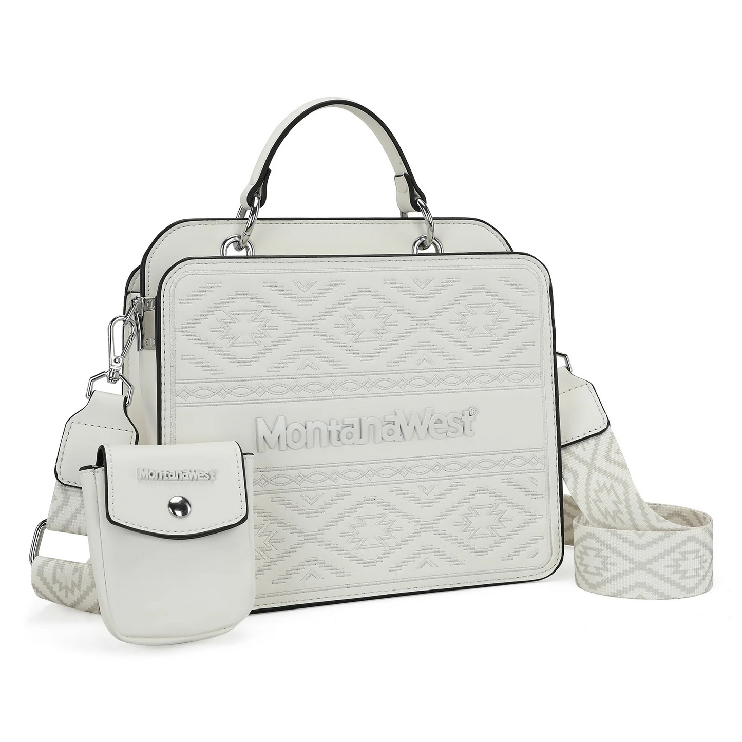 Montana West Embroidered Aztec Tote/Crossbody With Mini Pouch - White