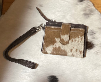 BROWN and White Western Cowhide Leather Wristlet Wallet