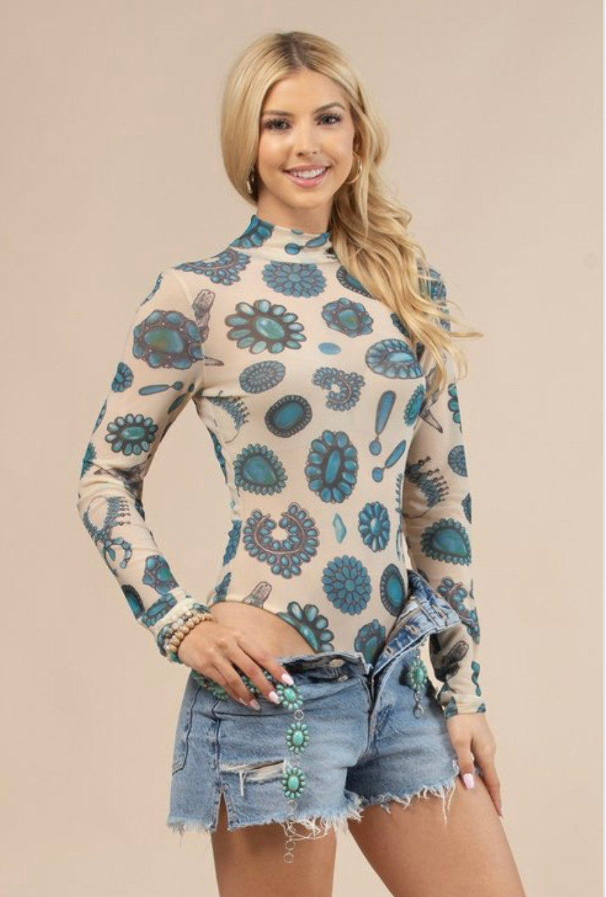 Turquoise Jewels Print Round Mesh Bodysuit