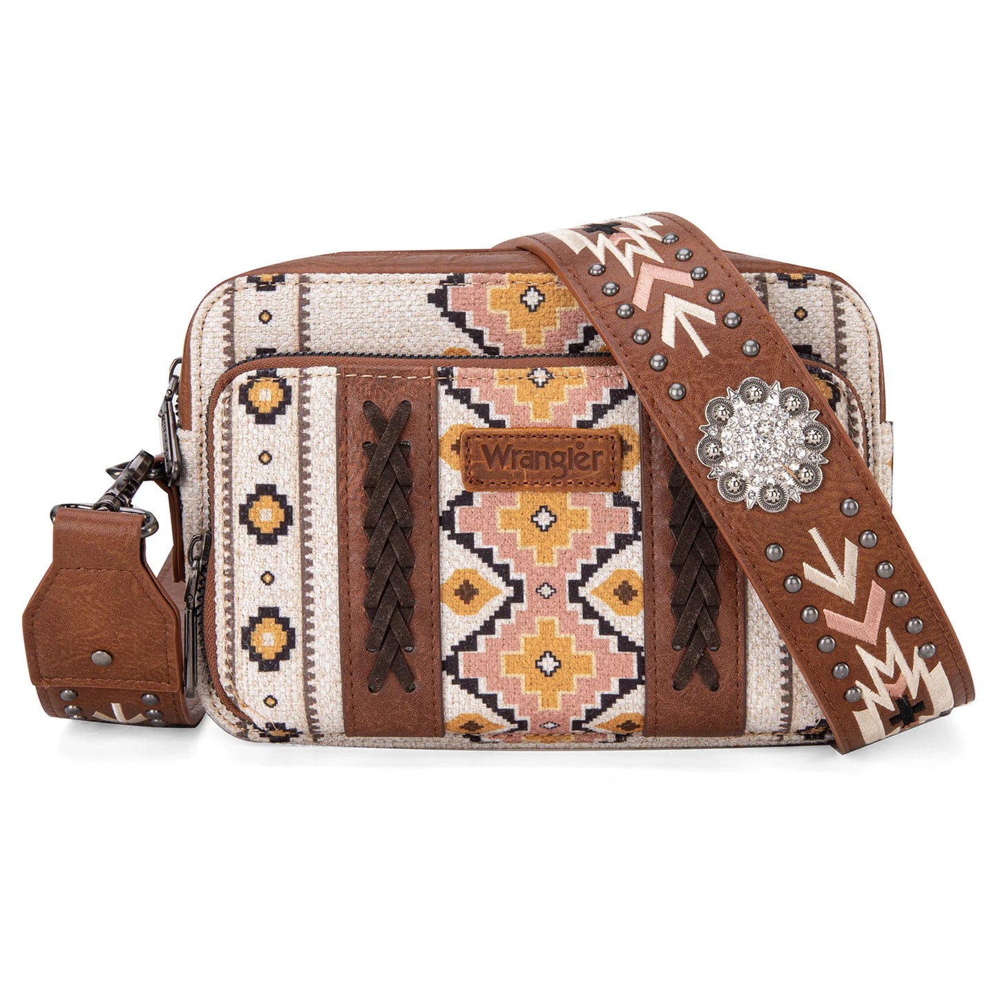 Wrangler Aztec Printed Crossbody Purse With Wallet Compartment - Coffee