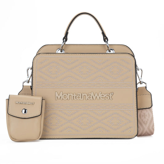 Montana West Embroidered Aztec Tote/Crossbody With Mini Pouch -tan