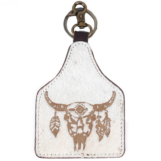 Hair On Genuine Leather Keyring Steer skull