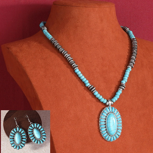 Rustic Couture Bohemian Jewelry Sets Pendant Necklace Earrings-Turquoise