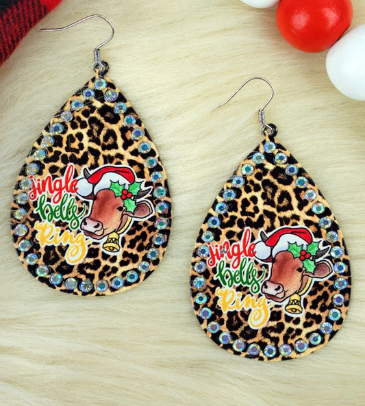 Jingle Bells Ring Cow Leopard Crystal Teardrop Earrings