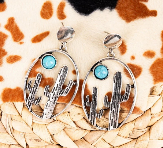 Turquoise Moon Cactus Silvertone Earrings