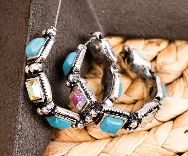 Turquoise & Iridescent Crystal Hoop Earrings