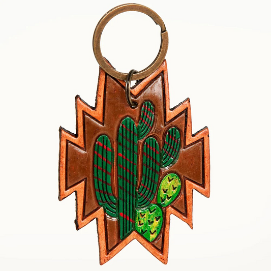 Hand Tooled Carved Genuine Leather Keyring Cactus