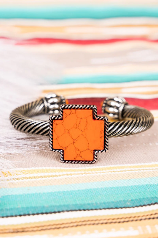 ORANGE CROSS CABLE CUFF SILVERTONE BRACELET