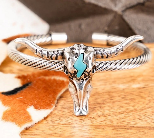 Turquoise Steer Silvertone Cuff Bracelet