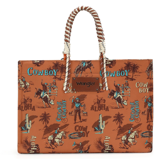 Wrangler COWBOY Dual Sided Print Canvas Wide Tote -Dark Brown