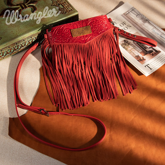 Wrangler Vintage Floral Tooled Collection Fringe Wristlet/Crossbody - Red