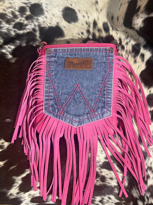 Wrangler Leather Fringe Jean Denim Pocket Crossbody - Hot Pink