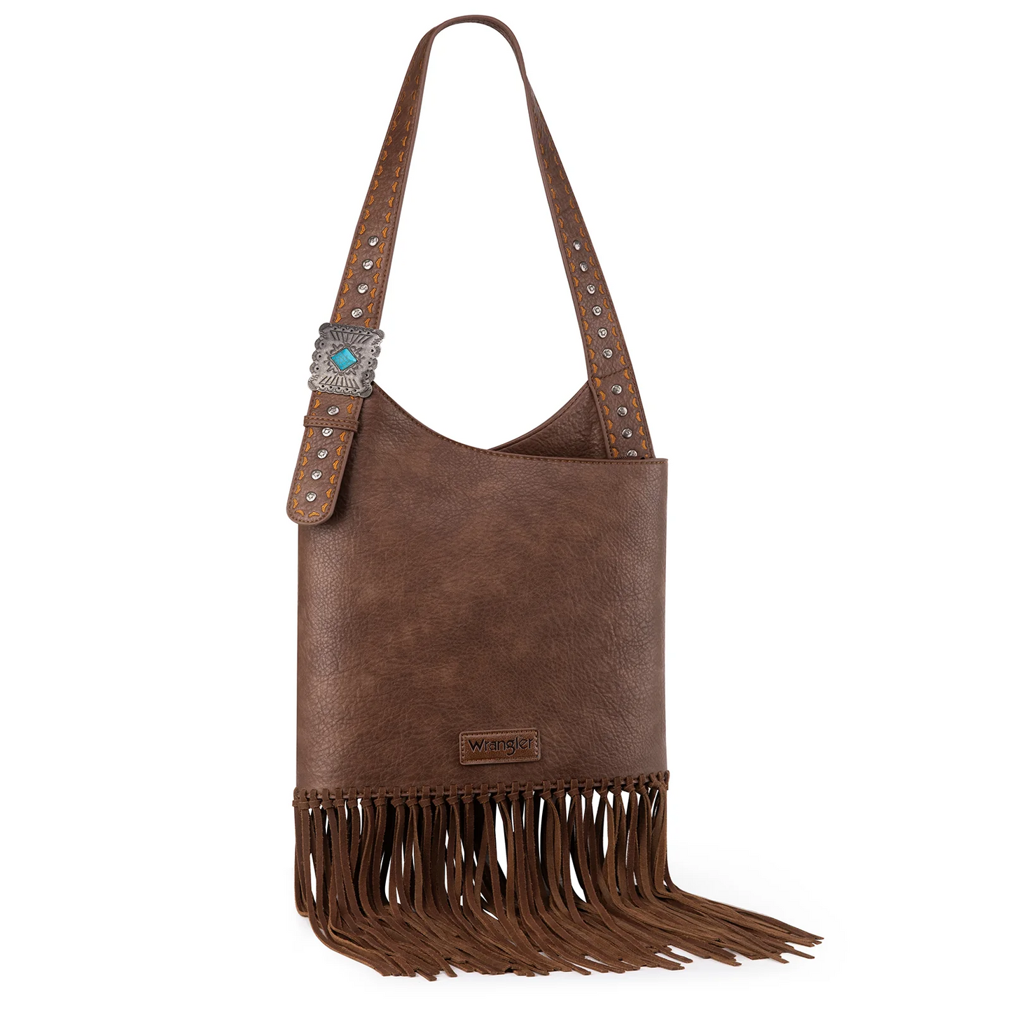 Wrangler Turquoise Stone Concho Fringe Hobo -TAN