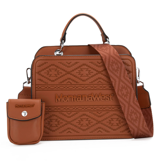 Montana West Embroidered Aztec Tote/Crossbody With Mini Pouch - Brown