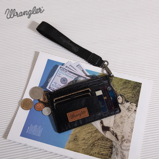 Wrangler Solid Color Key Chain Wristlet Card Wallet -Black